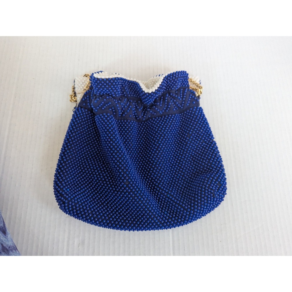 Vintage Reversible Beaded  Blue & White Retro Hippie Bag Purse Drawstring Cinch